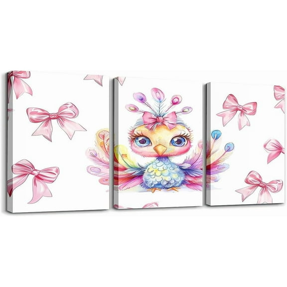 Hieng Cute Cartoon Cat Canvas Wall Art Pink Kawaii Bowknot Wall Art Dreamy Princess Bow Paintings Lovely Bowknot Kitten Canvas Paintings(Only canvas)