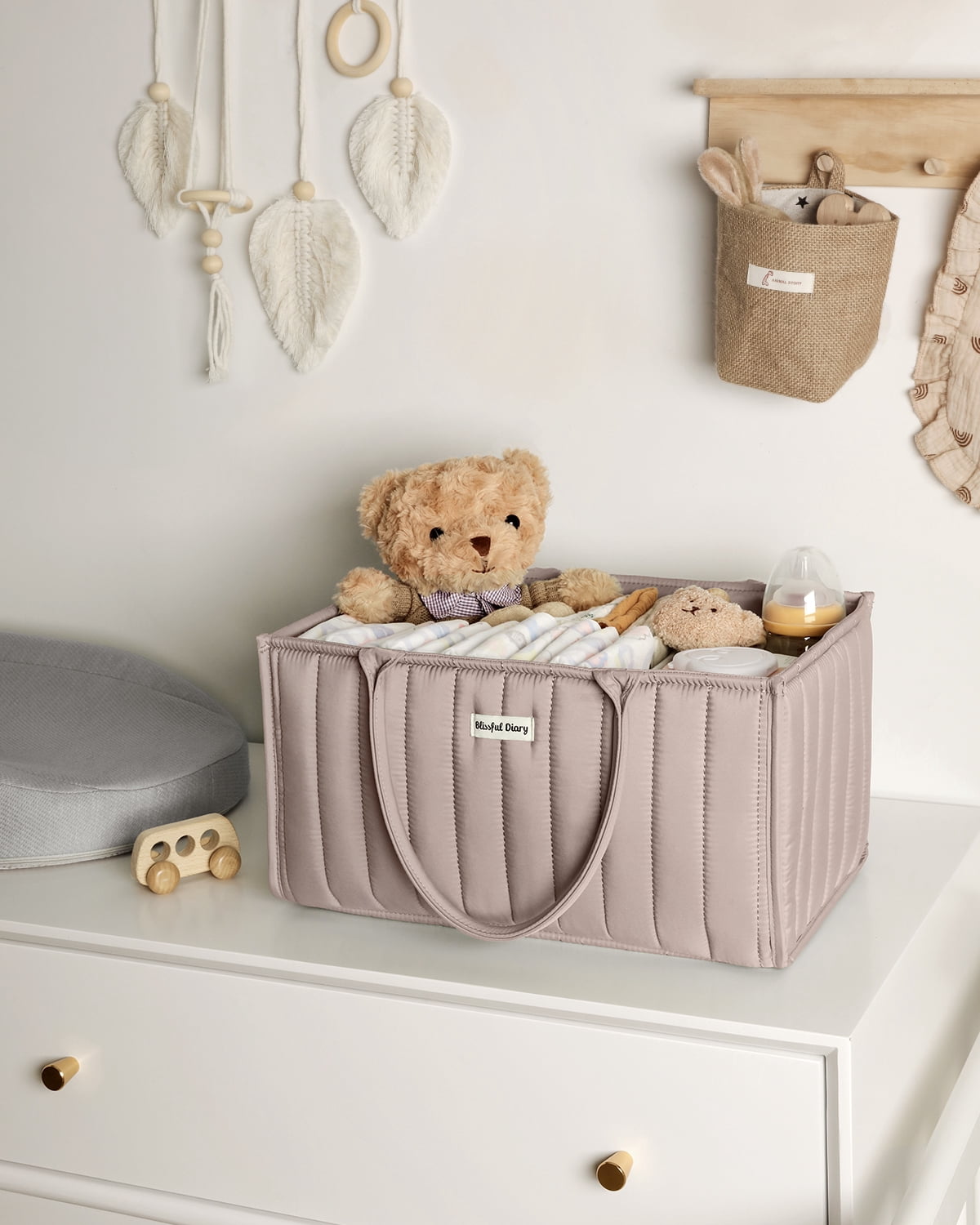 Blissful Diary Diaper Caddy Organizer,Baby Baskets for Baby Shower, Portable Nursery Changing Table Organizer, Diaper Bag, Infant Newborn Essentials Gift, Baby Registry Must Have, Greige