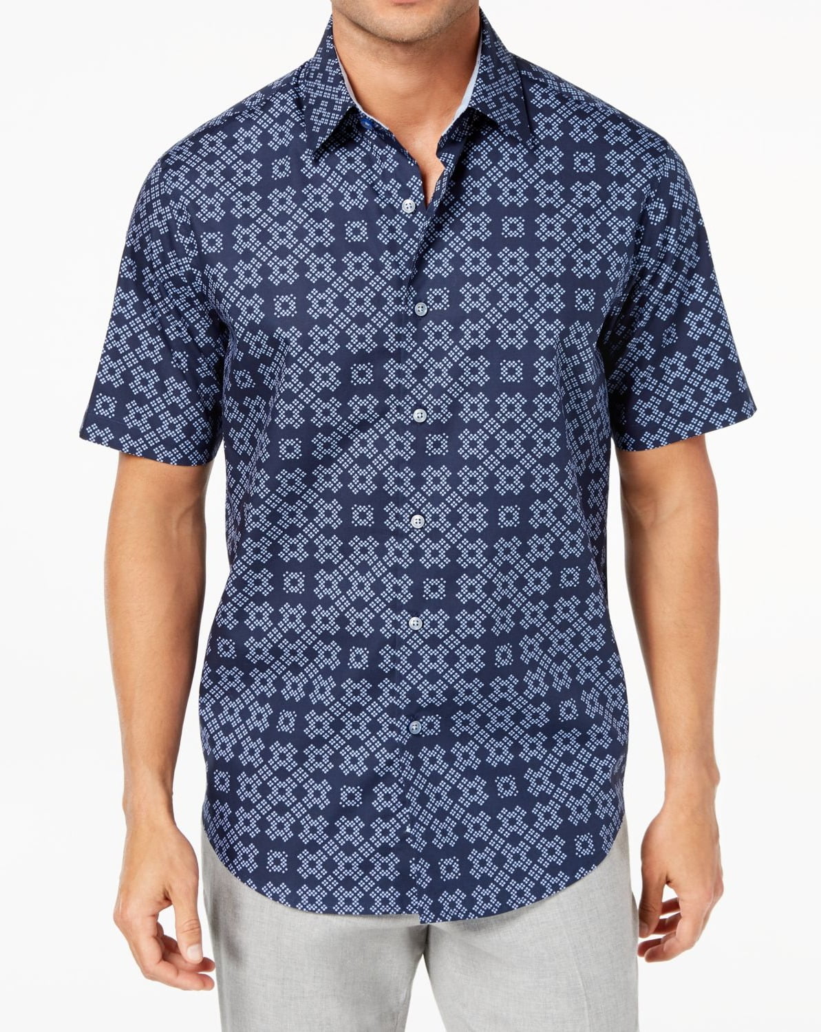 Tasso Elba Mens Geo-Print Pocket Shirt Blue Combo Medium