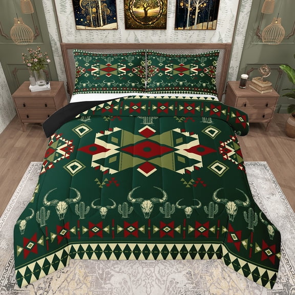 Feelyou Western Bohemian Aztec Bedding Comforter Set, Green Vintage Square Twin Comforter Sets, Farmhouse Sheep Skull Reversible Bedding Set, Lightweight Room Decor, 2-Piece