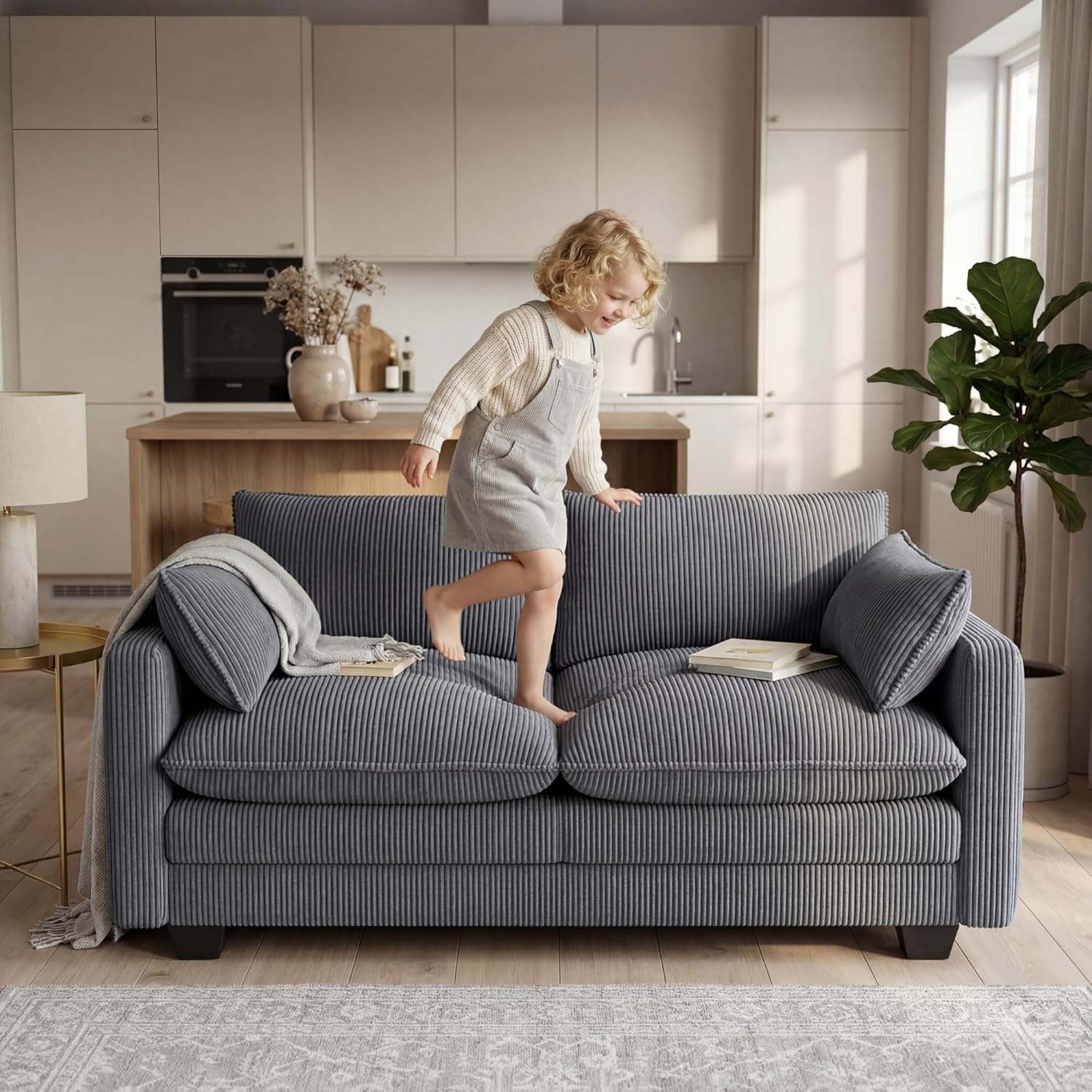 Noelse 75" Loveseat Sofa, Gray Corduroy Deep Seat photo 5