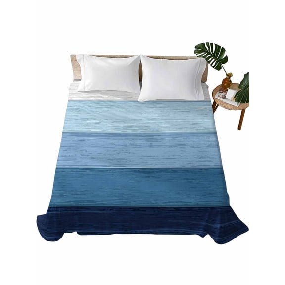 Blue Ombre Flat Sheets Only Queen Size, Soft Breathable Bed Top Sheets for Mattress, Farmhouse Vintage Wooden Striped Luxury Bedding Flat Sheets for Home Hotel Bedroom Bed Protection