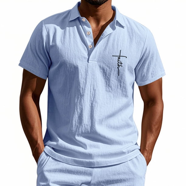 Blusa y camisa de manga corta con cuello vuelto para hombre, color liso, moda de verano, estampado informal, manga corta, botones, cuello vuelto, bolsillo, camisa de poliéster para hombre
