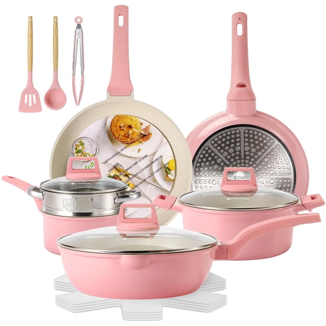 Sartenes antiadherentes rosa, juego de ollas y sartenes 12 piezas, utensilios de cocina para inducción color rosa