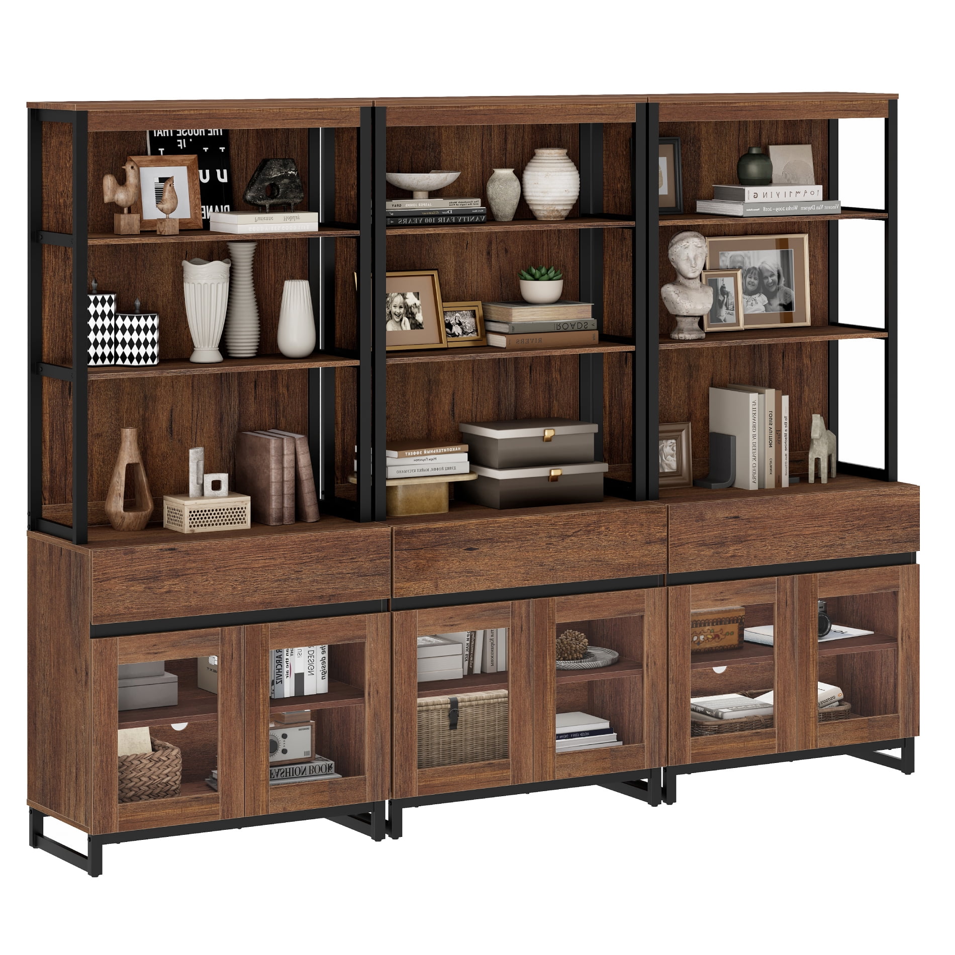 WAMPAT 3-Piece Modern 72" Tall Freestanding Bookcase,3 Drawers & Open Shelves with Glass Door Storage Cabinet, Wood Library Bookshelf for Home Office & Living Room