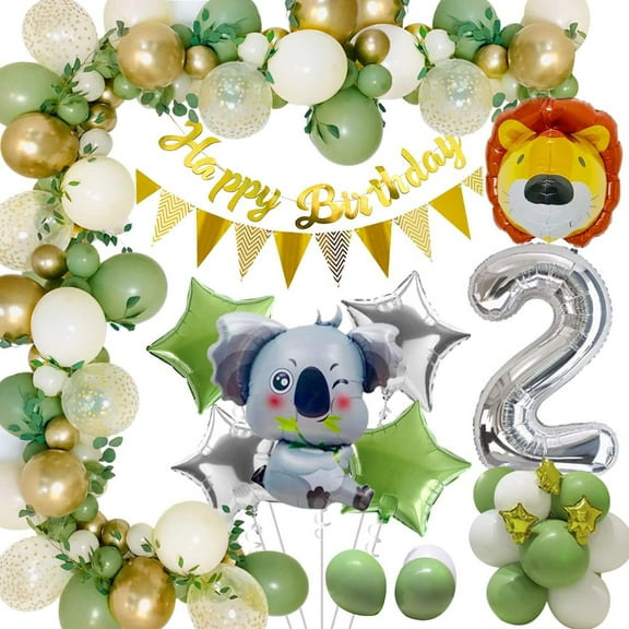 2nd Birthday Party Decorations, Safari Jungle Birthday Decorations with Green Balloon Koala Balloon for Boy Girl 2 Years Old
