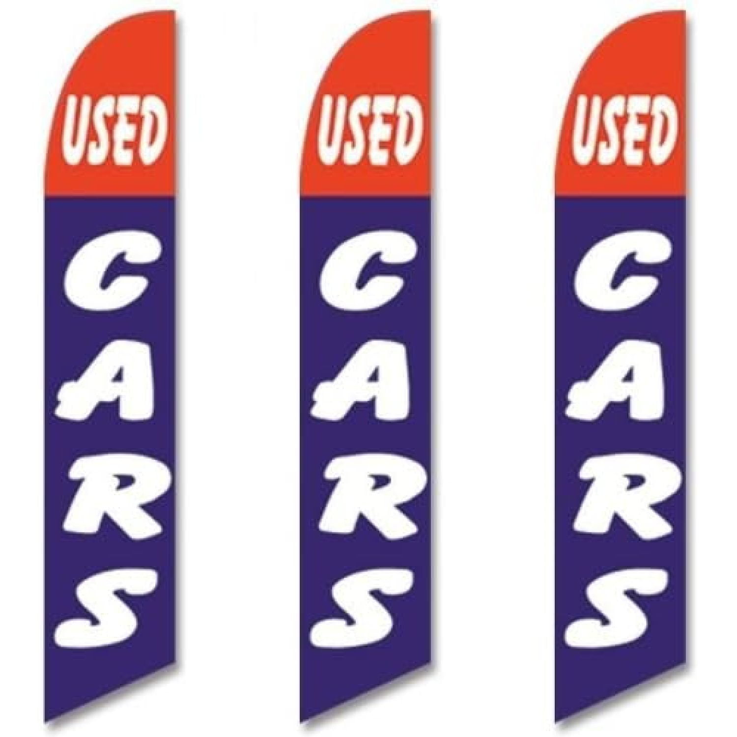 Three (3) Pack Full Sleeve Swooper Flags USED CARS Red Blue w Big White