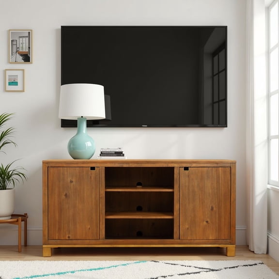 Bridgevine Home Tina 60 Inch TV Stand, High-Grade MDF, Laminate Shelves, Mango Tawny Finish