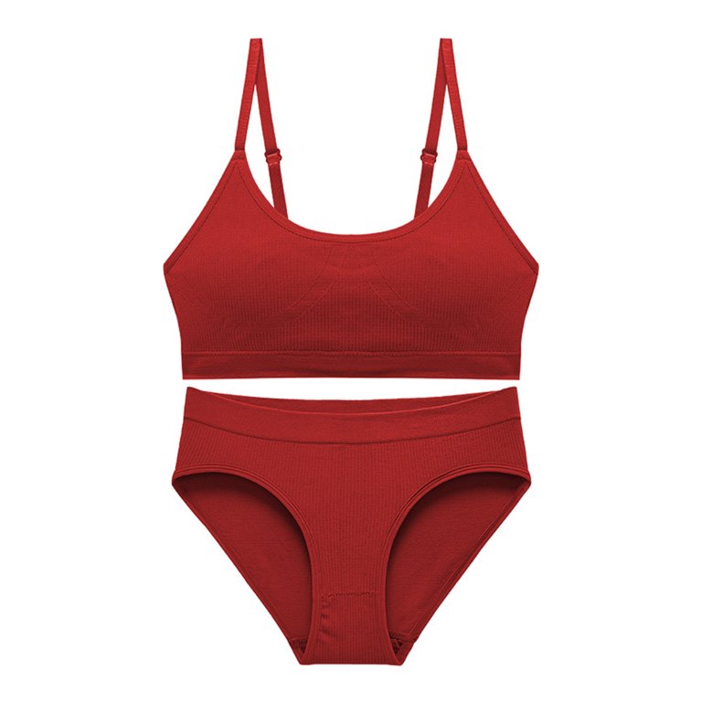 rygai 2Pcs/Set Adjustable Straps Pads Wire Free High Waist Bra Panties Set  Women Solid Color Seamless Sport Underwear,Red,M 