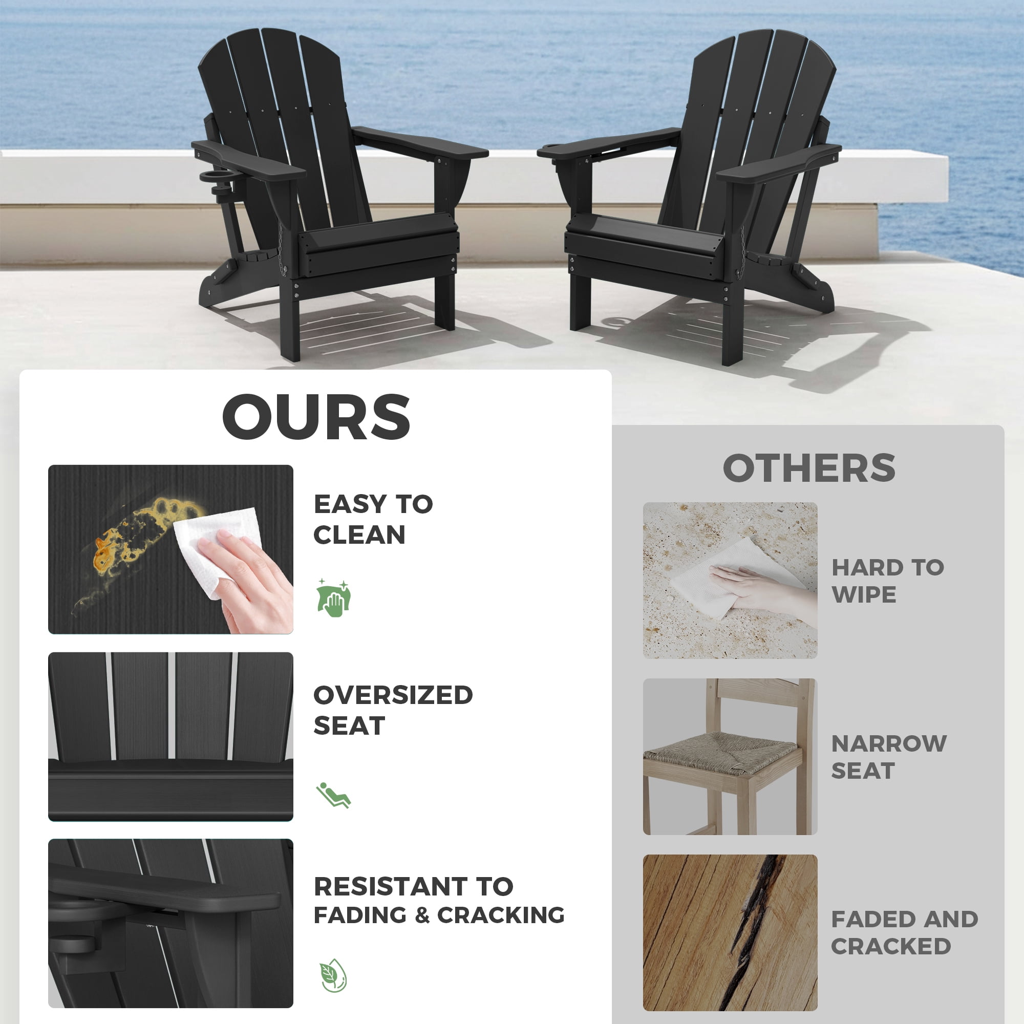 Folding Adirondack Chair, HDPE All-Weather Outdoor Patio & Firepit Chair with Ergonomic Extended Backrest & Cup Holder, Low Maintenance, Black