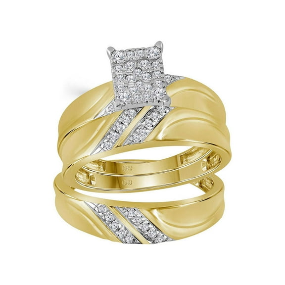 FB Jewels 10k Yellow Gold Diamond Cluster Matching Trio His & Hers Wedding Ring Band Set 1/3 Cttw