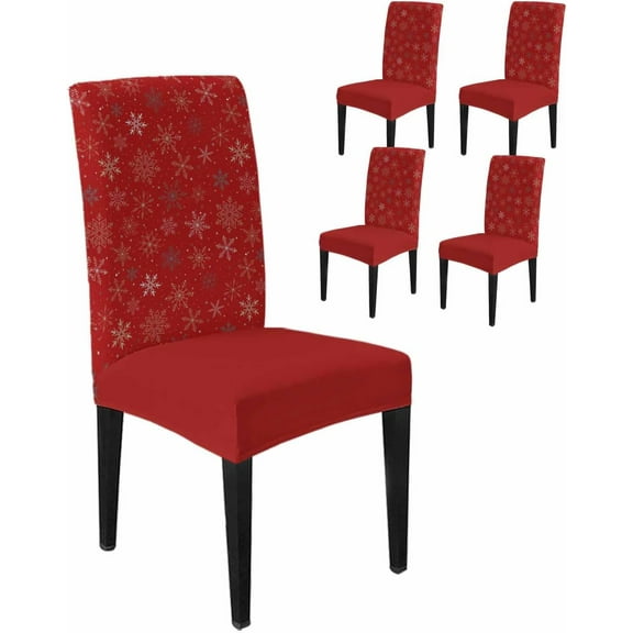 Chair Covers for Dining Room Set of 8,Winter Christmas Gold Snowflakes Stretch Seat Protector Removable Washable Chairs Slipcovers for Kitchen Banquet Wedding Hotel,Red
