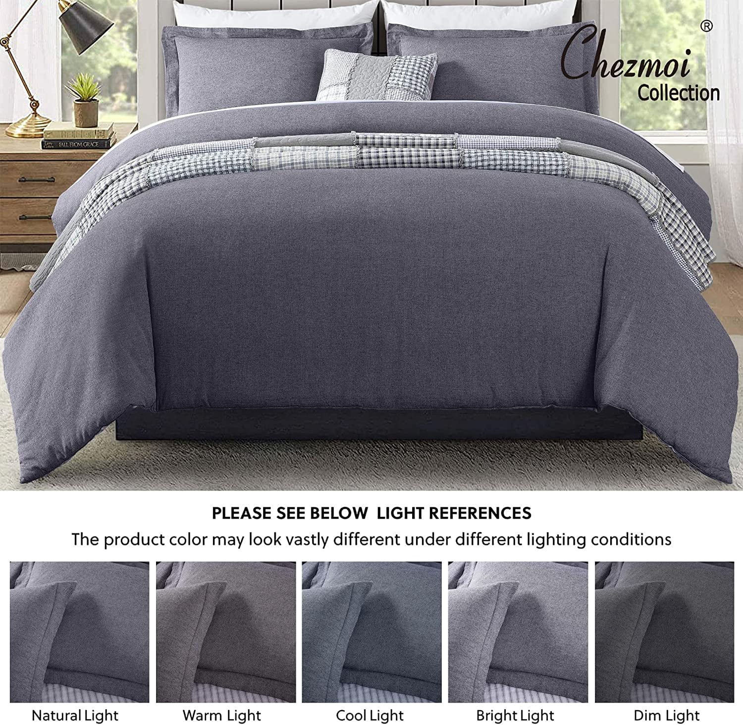 Set Copripiumino King Size Chezmoi Collection Chambray Denim Chiaro | Reversibile A Righe Gessate, 3 Pezzi In Cotone