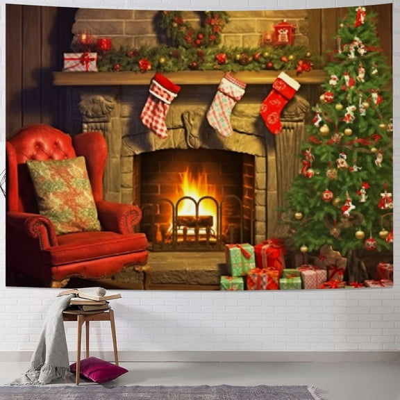 Pratyus Christmas Tree Fireplace Presents Tapestry Wall Hanging Short Plush Dorm Decor 4 Sizes 40x30inch
