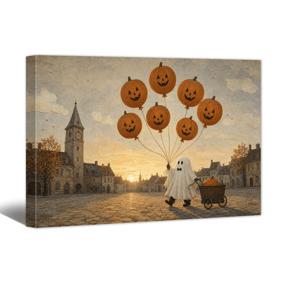 Rustic Halloween Canvas Wall Art Lovely Ghost Pumpkin Fall Rural Prints, Abstract Retro Artwork Paintings for Living Room Bedroom Entryway Farmhouse Home Decor