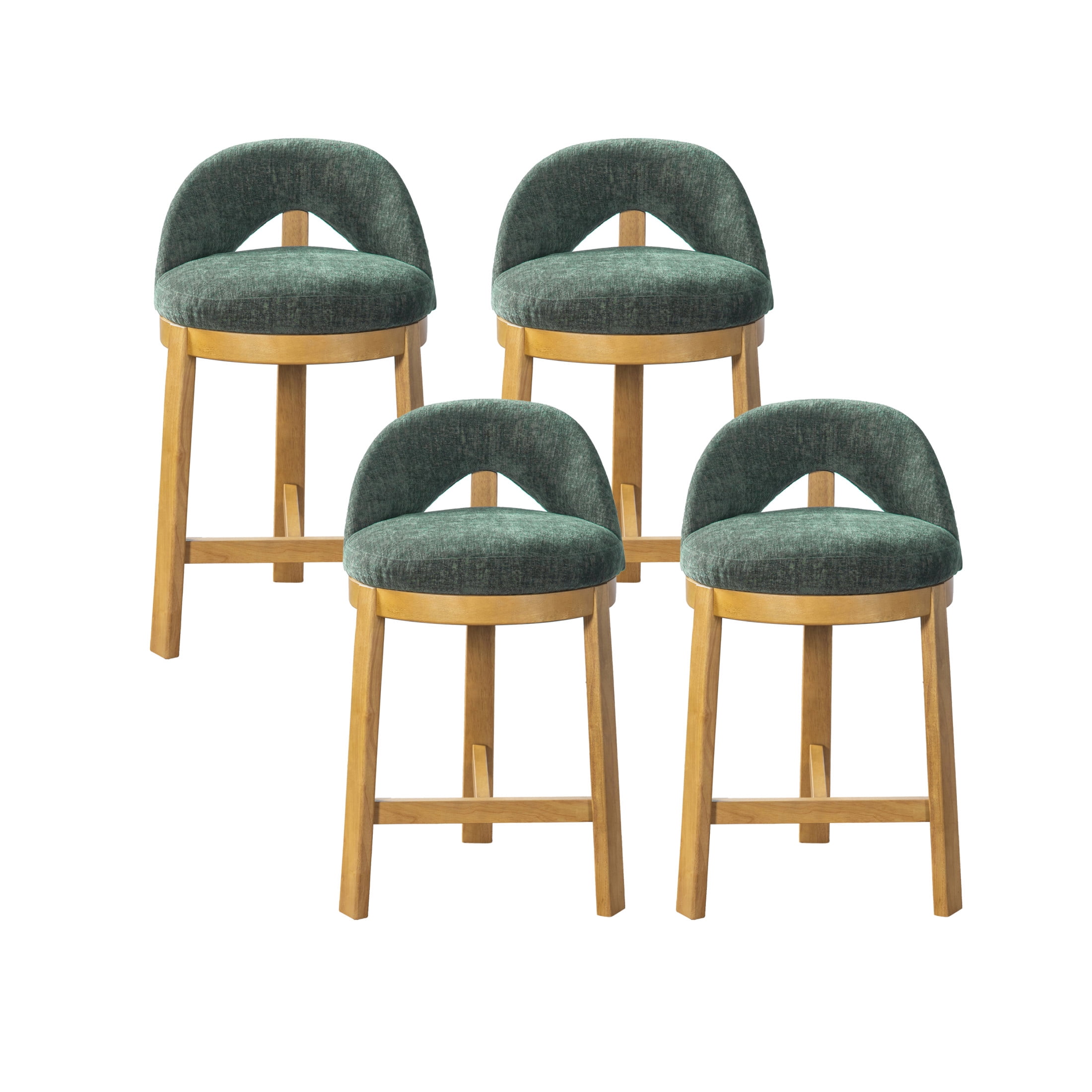 Christopher Knight Home Modern Upholstered Counter Stools with Curved Back, Wood Frame, Natural+Green, Set of 4