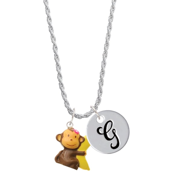 Delight Jewelry Resin Monkey Hugging a Banana Silvertone Script Initial Disc - G - Charm Necklace, 20"+3"