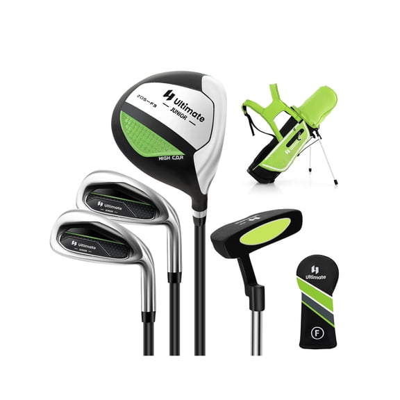 Junior Complete Golf Club Set for Kids, Right Hand, Graphite Shafts, Rubber Grip, Rain Hood, Green