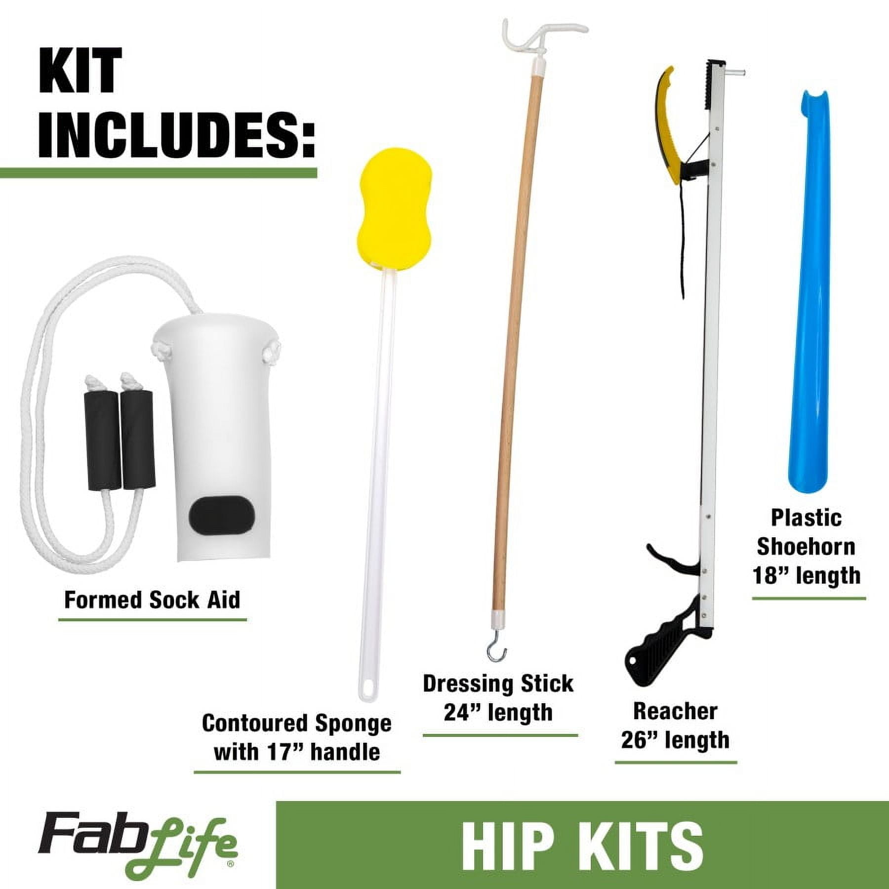 FabLife Hip Kit Daily Living Aids for Mobility, Hip Replacement Recovery, Knee and Back Surgery Includes Grabber Reacher, Bath Sponge Stick, Sock Aid, FabLife Hip Kit Daily Living Aids for Mobility, Hip Replacement Recovery, Knee and Back Surgery Includes Grabber Reacher, Bath Sponge Stick, Sock Aid,