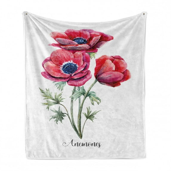 Anemone Flower Soft Flannel Fleece Throw Blanket, Watercolor Painting Style Bouquet of Anemone Vintage Garden, Cozy Plush for Indoor and Outdoor Use, 60" x 80", Sage Green Red Navy Blue, by Ambesonne