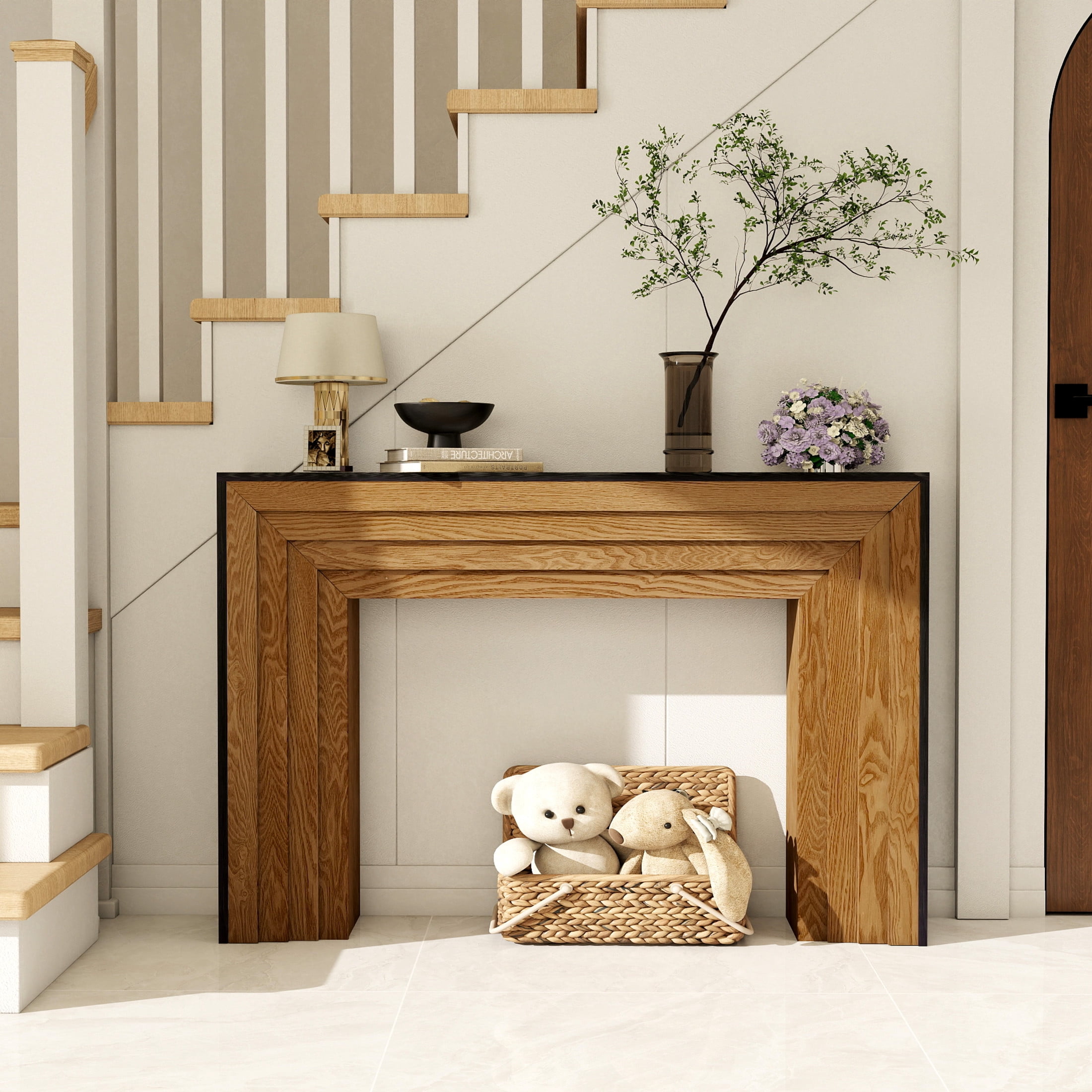 Noble House 47.2" Modern Wood Console Table, Two-Tone Entryway Sofa Table, Black + Natural