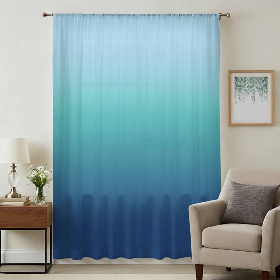 Teal Blue Ombre Sheer Curtains 84 Inches Long, Modern Abstract Art Gradient Aesthetics Light Filering Curtains, Breathable Simi Curtain Privacy Drapes for Living Room Bedroom Window Treatment