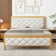 thumbnail image 3 of Bed Frame, Metal Bed Frame with Upholstered Velvet Headboard and Steel Slats, Platform Bed Frame with Heavy Duty Wooden Slats Support, No Box Spring Needed Gold Bed Frame with Linen Upholstered Headbo, 3 of 6