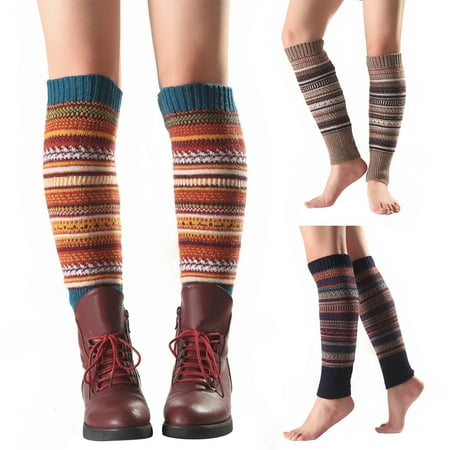 

Women Striped Knitted Leg Warmers Winter Footless Knee High Fashion Boot Socks