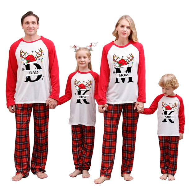 Pijama de Navideño familiar y estampado de sombrero blusa de manga larga + pantalones de patrón a cuadros ; Niños-3-4 Años