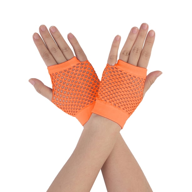 INSPIRAR CHIC Guantes de Malla Sin Dedos para Mujeres, Accesorios de Disfraz de Fiesta Elegante de los Años 80, Guantes de Red Cortos - 1 Par Naranja
