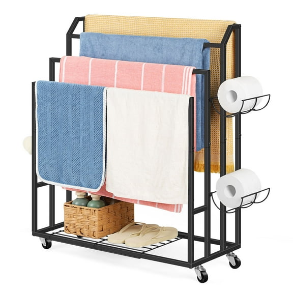 4th Tier H Freestanding Towel Rack for Bathroom Metal Floor Standing Blanket Rack Drying Rack Sturdy Black
