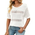 thumbnail image 2 of Womens Short Sleeve Sweaters Summer Round Neck Pullover Sweater Crochet Tops White L, 2 of 9