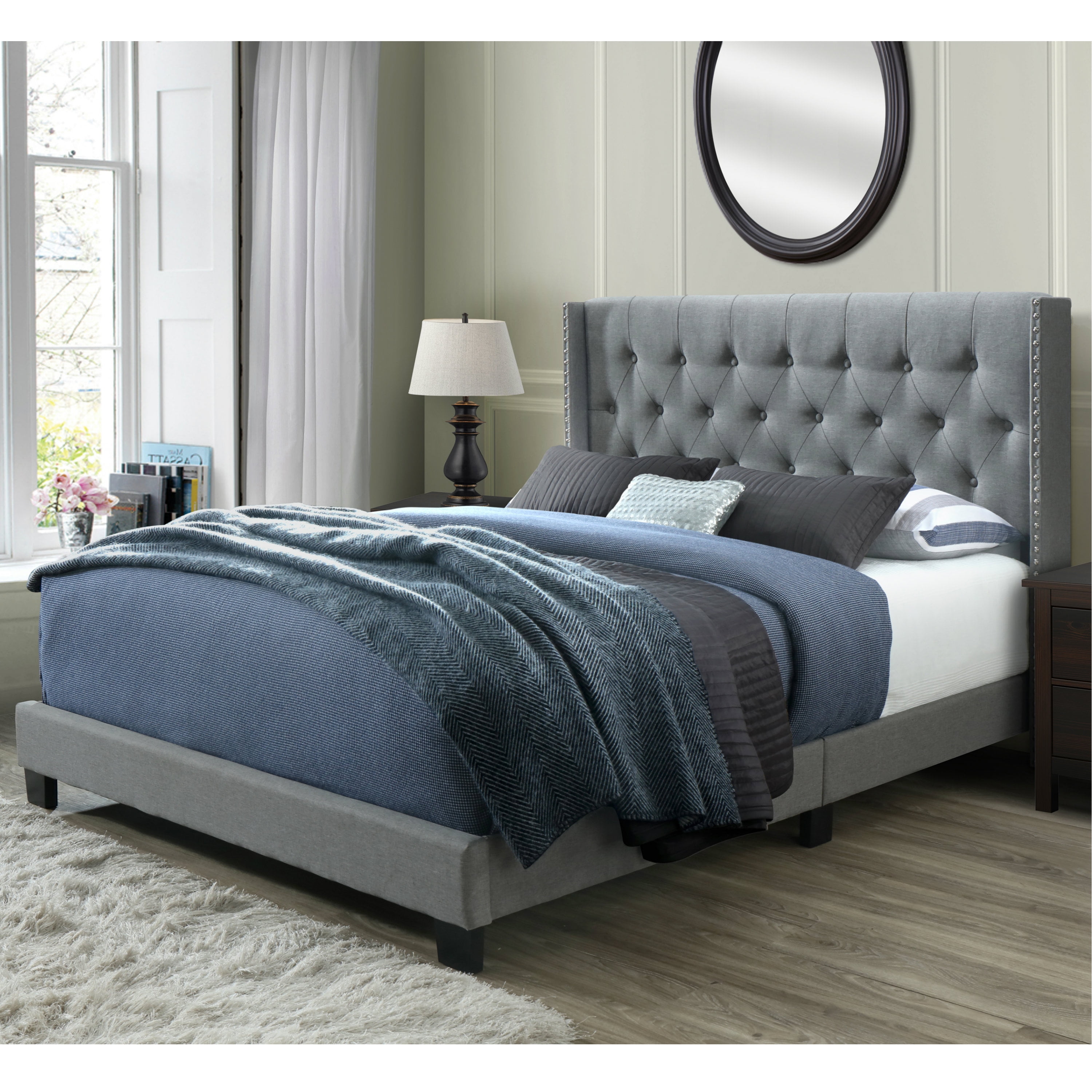 Nailhead Trim Panel Bed Frame, Grey Wingback King Size Bed