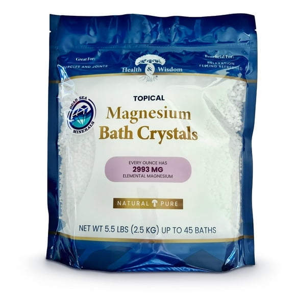 Health and Wisdom Magnesium Bath Salt - Magnesium Chloride Flakes for Bath Soak, 4X Epsom Salt Concentration, Unscented Formula, Dead Sea Sourced, Resealable B
