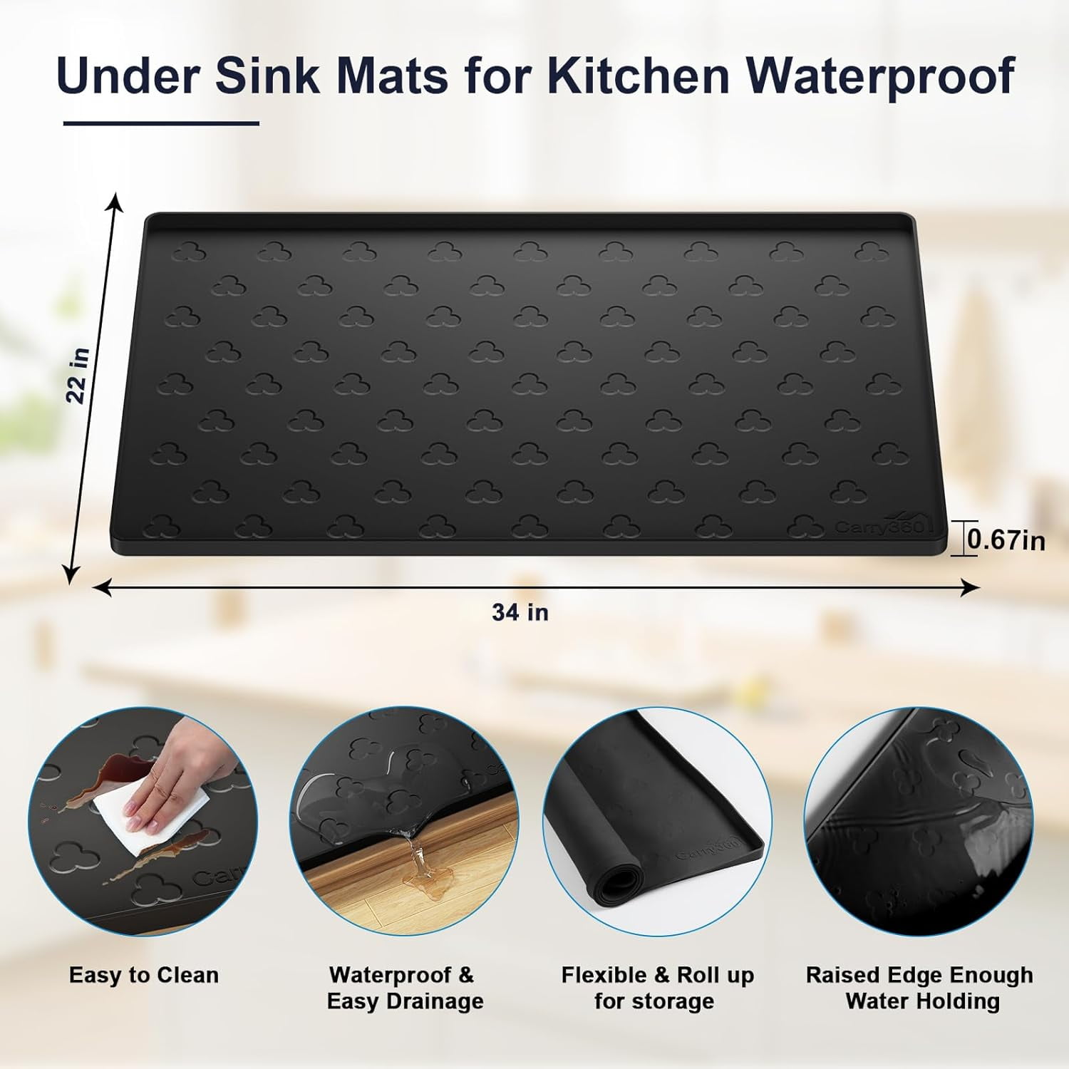 Under Sink Mat 34" x 22" Waterproof Kitchen Cabinet Mat, Flexible Under Sink Liner, Kitchen Bathroom Cabinet Mat Protector for Drip Leak Spill (Black)