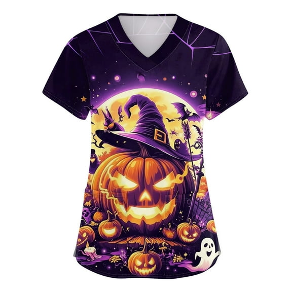 HAJWOH Halloween Scrub Tops Women Short Sleeve Working Uniform Novelty Pumpkin Bat Spider Print Medical Scrub Fashion Vneck Scurbs Gold M
