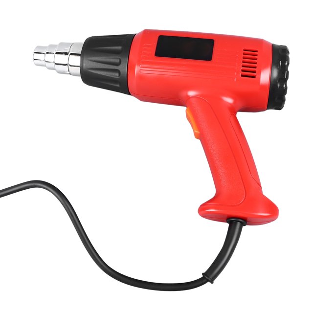 pistola de aire caliente, enchufe de ee. uu. 110v operación fácil herramienta de pistola de calor 2000W con cuerpo ABS rojo en forma de pistola, boquilla metálica escalonada, rejilla lateral y cable visible; ideal para reparaciones en ferretería y suele usarse para moldear plásticos en talleres.