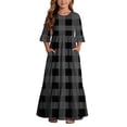 thumbnail image 2 of LJEFF Girls Dress with Pocket, 3/4 sleeves Plaid Crew Neck Flowy Tiered Skirt Casual Dresses for Kids Dark Gray Size 5 T, 2 of 7