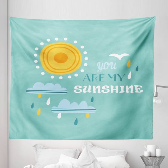Saying Tapestry, Weather Elements Sun Clouds Rain and You are My Sunshine Lettering, Fabric Wall Hanging Decor for Bedroom Living Room Dorm, 5 Sizes, Pale Blue Pale Blue, by Ambesonne