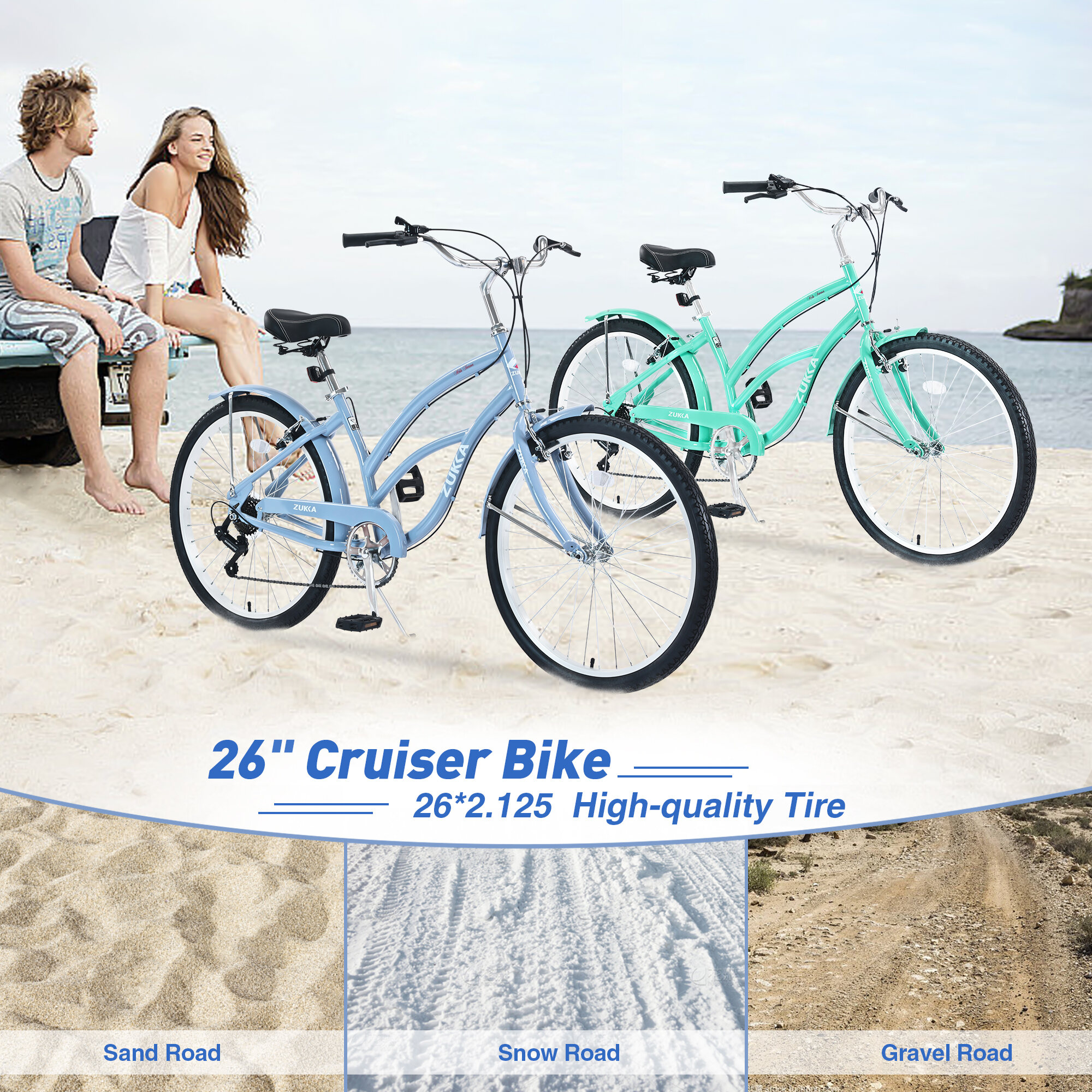 Mountain Bikes 7 Speed Bicycles, Multiple Colors 26"Inch Beach Cruiser Bike,Hybrid Bikes
