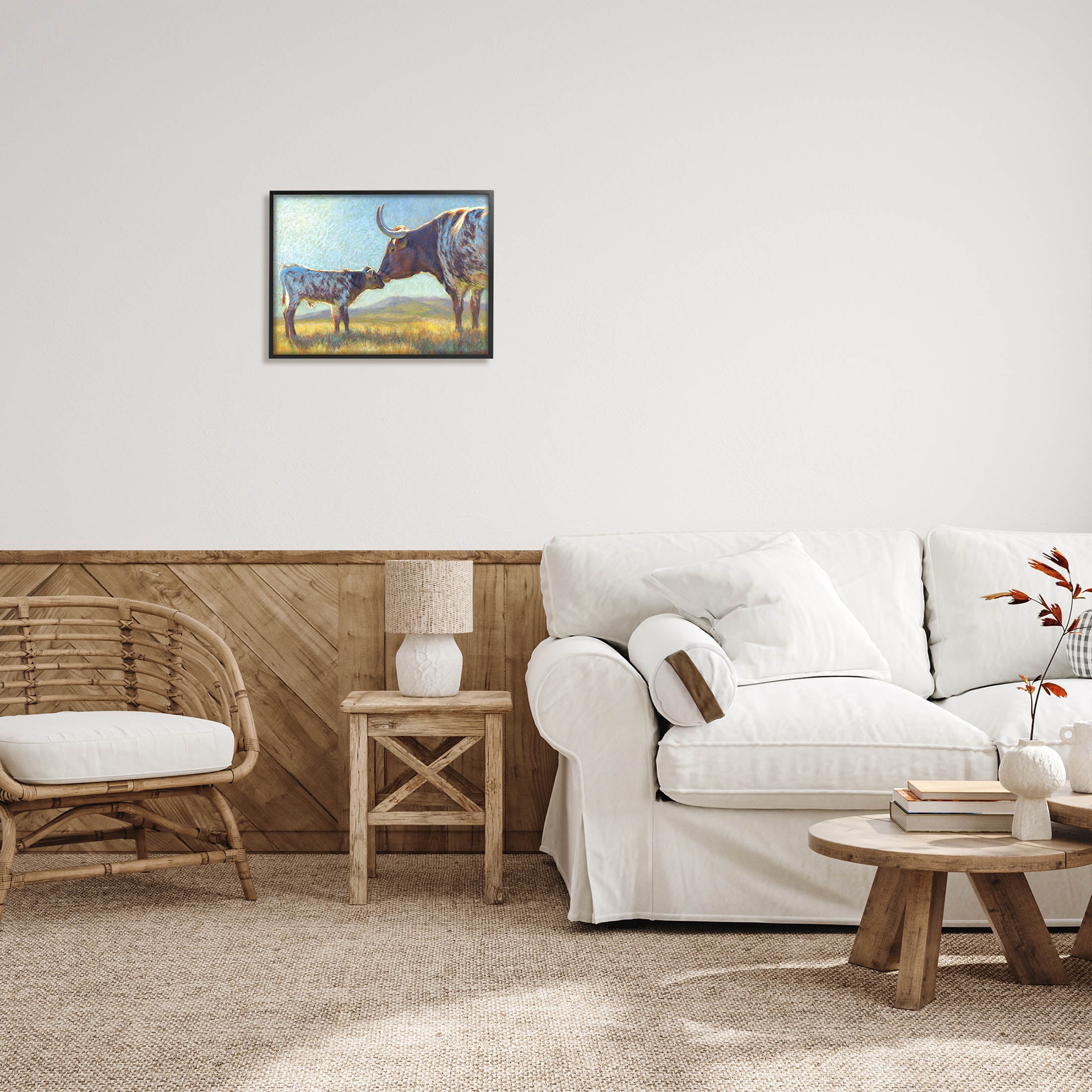 Mother Cattle Calf Sunlit Farm Animals & Insects Painting Black Framed Art Print Wall Art