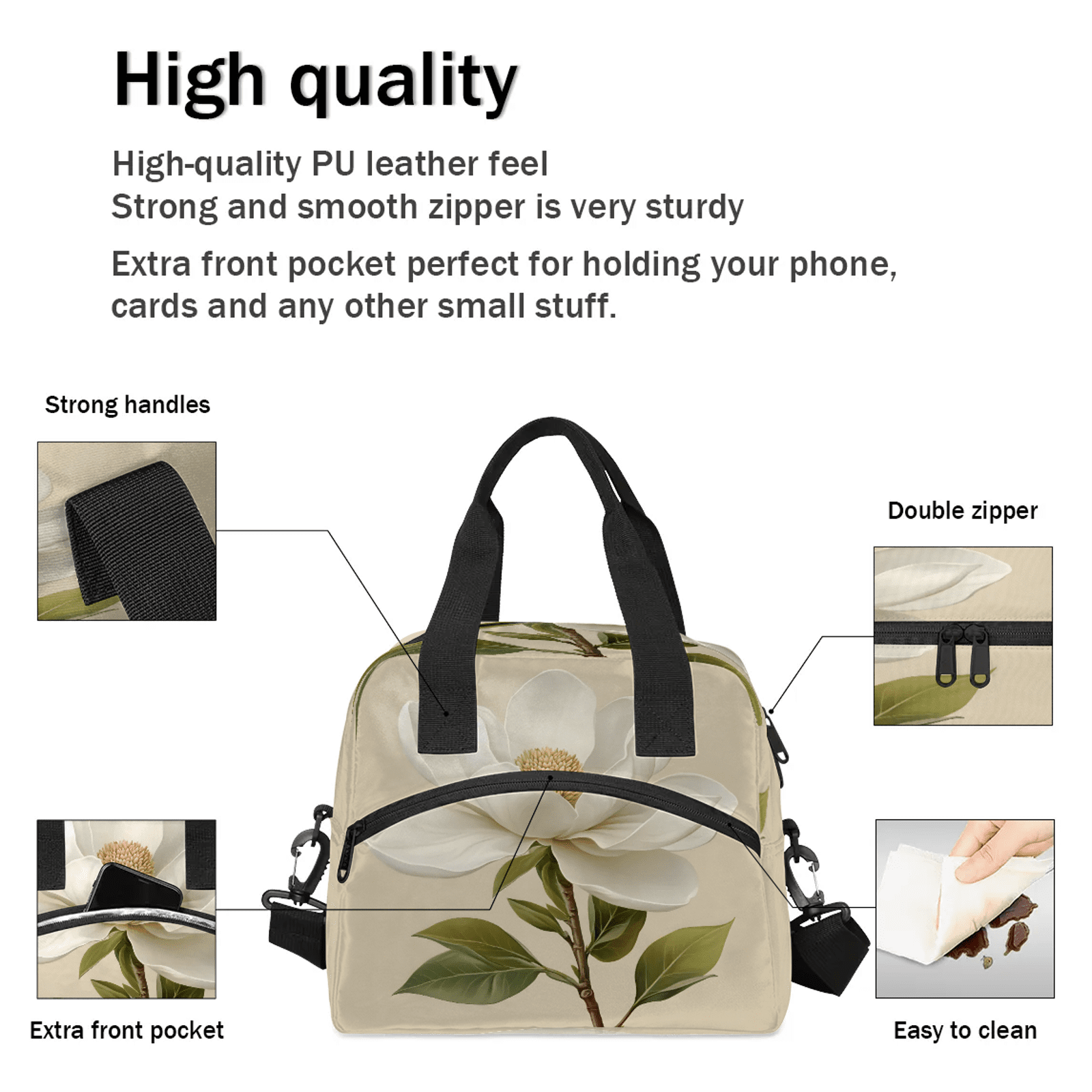 Herdesigns Flower Lunch Bag for Women Men Adult, White Floral Large Insulated Reusable Lunch Box Leakproof Portable Cooler Tote Bags for Work Picnic Beach