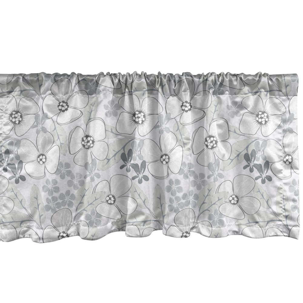 Ambesonne Floral Window Valance, Abstract Sketchy Hand Drawn Garden Spring Flowers with Grey