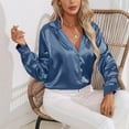 thumbnail image 3 of AKOEE Womens Button Down Satin Shirt Office Work Dressy Casual Lapel Collared Shirts Long Sleeve Business Silk Tops (Small, Blue 01), 3 of 5