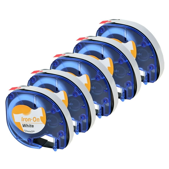 GREENCYCLE 5PK Black on White Iron-On Fabric Label Tape Compatible for Dymo 18771 LT18771 LetraTag Printer (1/2 Inch x 6.5Feet 12mm x 2m)