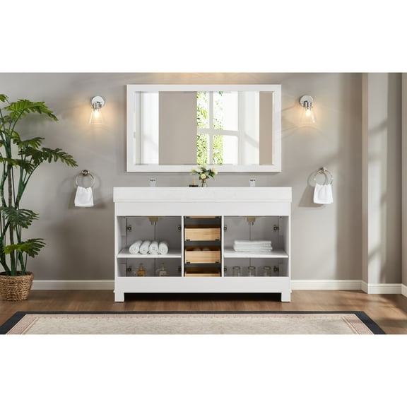 Legion Furniture WS2516-60-W 60 in. White Finish Solid Wood Sink Vanity, 1 in. Artificial Stone Top