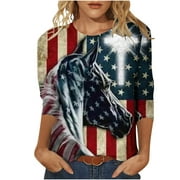 Qonioi Womens Tops Womens 3/4 Sleeve Tops Women's Independence Day Tops Printed T-Shirt Round Blouse Vacation Tops Workout Tops Casual Loose Lightweight Shirts Womens Graphic Tees Vintage Trendy