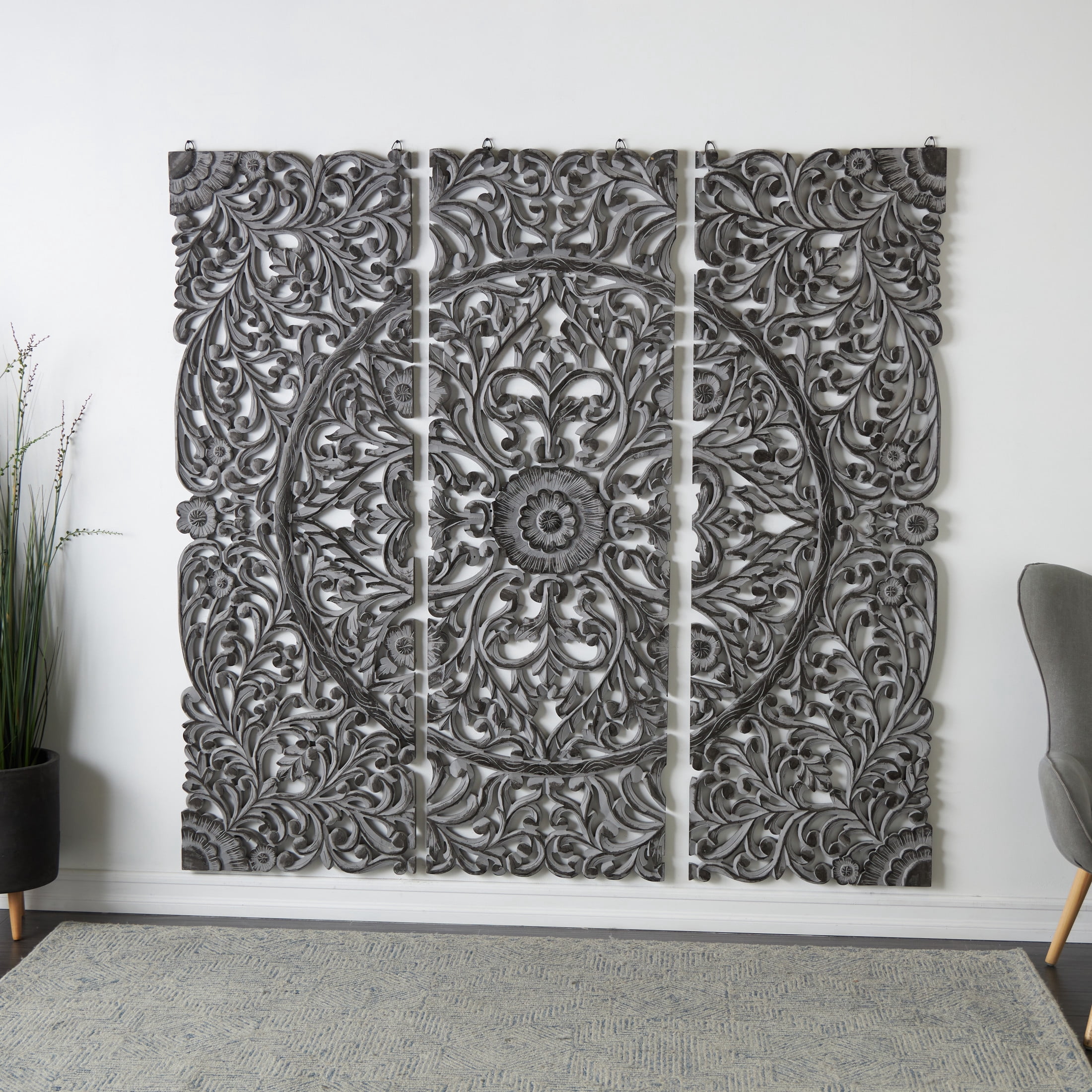 DecMode Traditional Wood Handmade Gray Carved Floral with Mandala Design Wall Décor, Set of 3 24"W x 72"H
