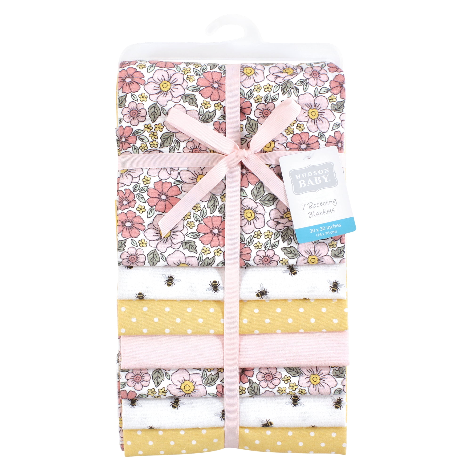 Little Treasure Hudson Baby Girls Cotton Poly Flannel Receiving Blankets Multipack, Pink Yellow Pretty Florals, 30x30 inches