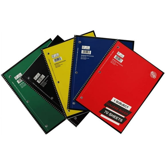 1 Subject College Ruled Spiral Notebook Solid Colors Perforated Edge 70 Sheet Pack of 5